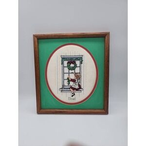 Vintage Christmas Cross Stitch Framed Wall Art Noel Girl in Window Wood Frame